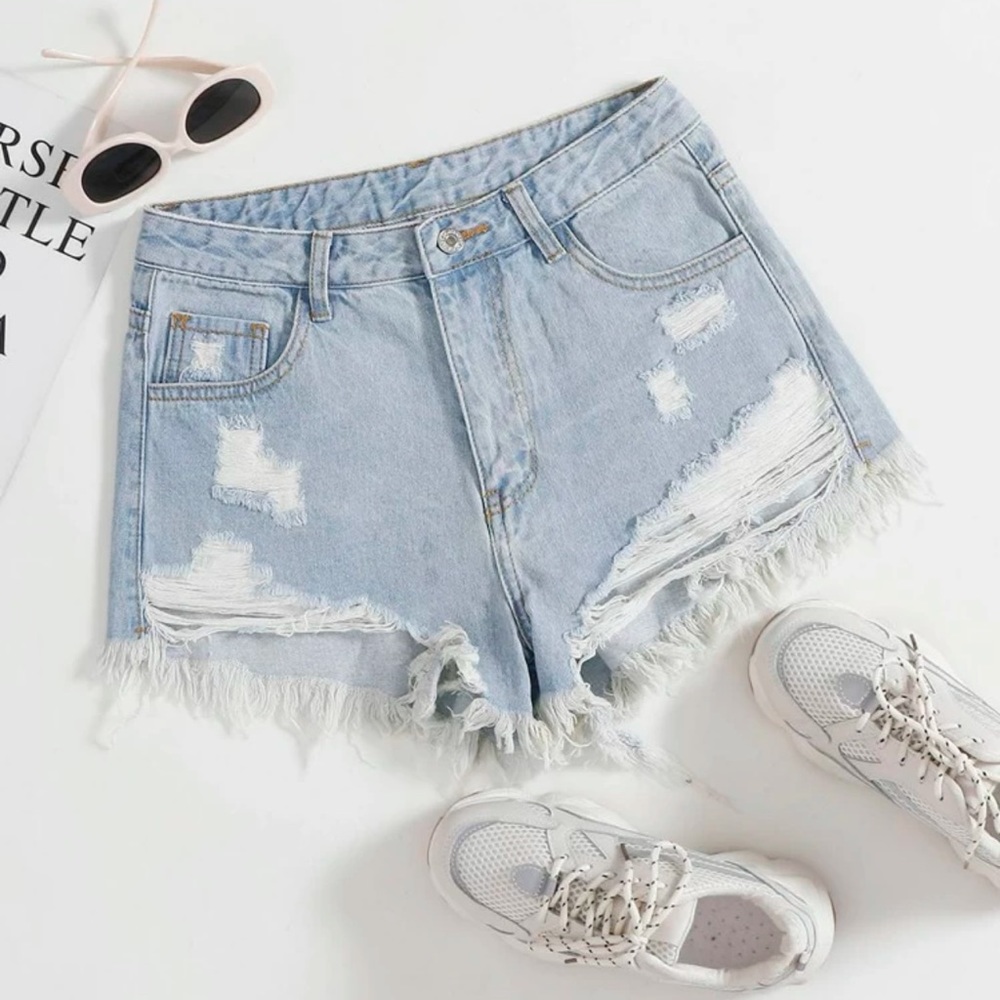 Ripped Raw Hem Denim Shorts